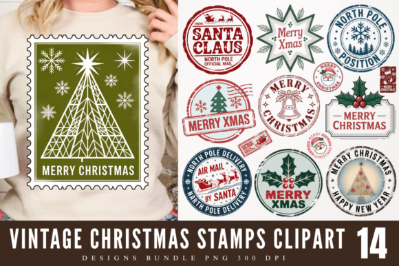 Vintage Christmas Stamps Clipart PNG Design for Timeless Appeal